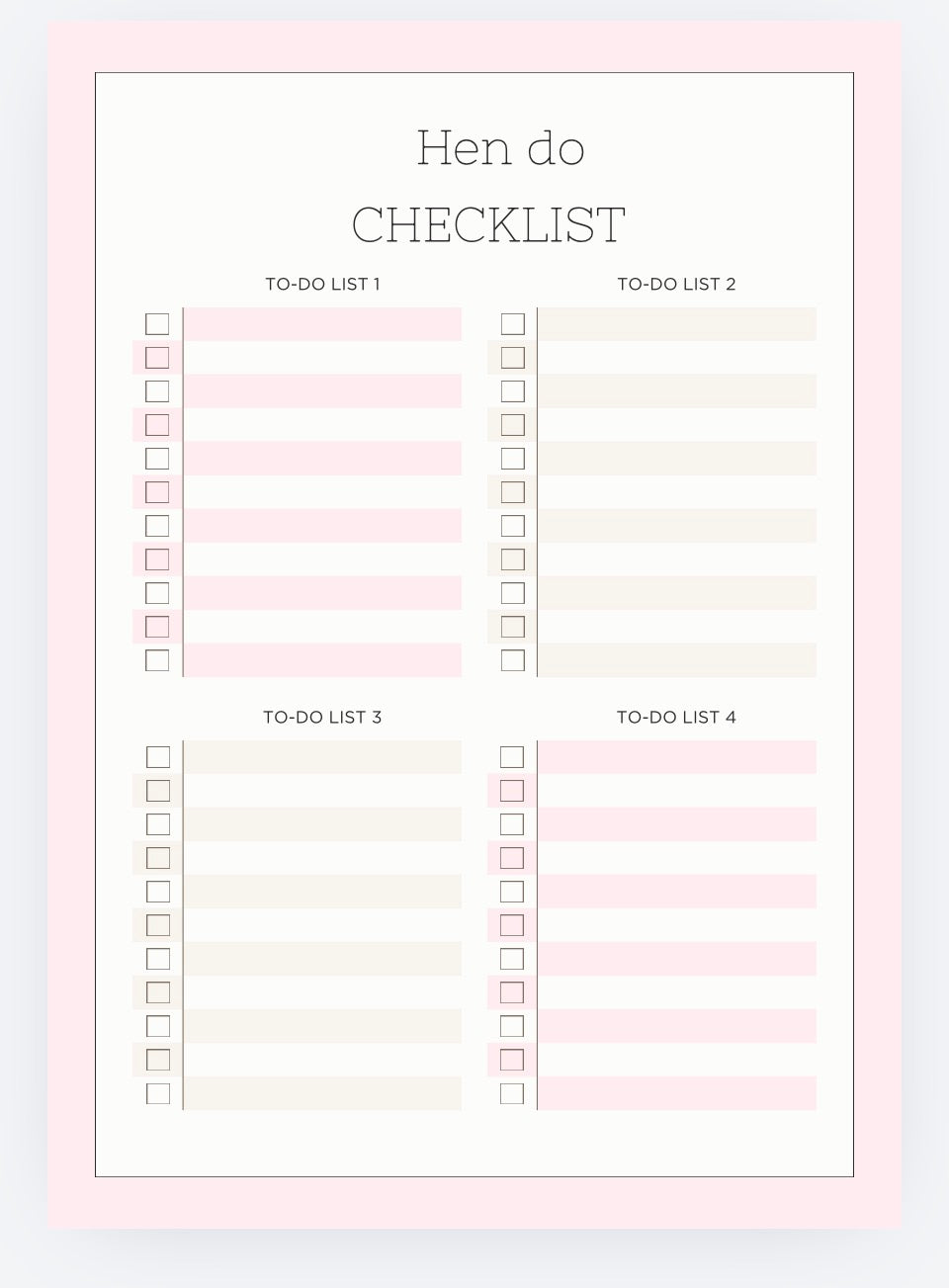 Checklist template titled 'Hen do' with multiple to-do lists on a light pink background.