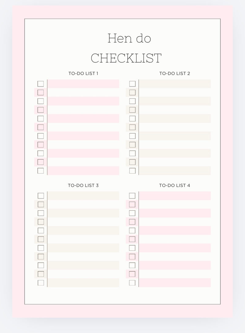 Checklist template titled 'Hen do' with multiple to-do lists on a light pink background.