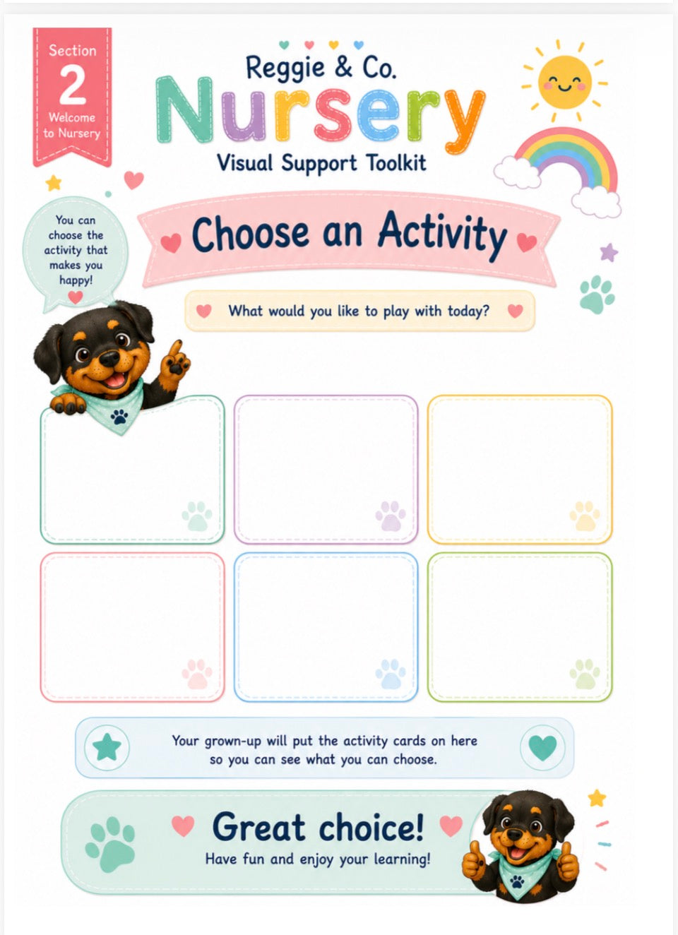 A colorful printed nursery activity support sheet titled 'Choose an Activity' from Reggie & Co. Nursery, with pastel boxes, paw prints, a rainbow, sun, and cartoon dog illustrations on a white background.