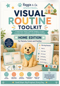 Front cover of the 'Visual Routine Toolkit Home Edition' by Reggie & Co., featuring a cute golden retriever plush toy wearing a blue bandana, surrounded by illustrated and photographed household routine-making props like a morning routine chart, a 'First Then' board, and a small house illustration on a white background.