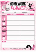 A pink and white 'Homework Planner' template with columns for Monday through Friday, labeled 'Homework Set' and 'Homework Due', plus spaces for name, class, and week beginning. Decorative gymnastics and basketball graphics appear around the border.