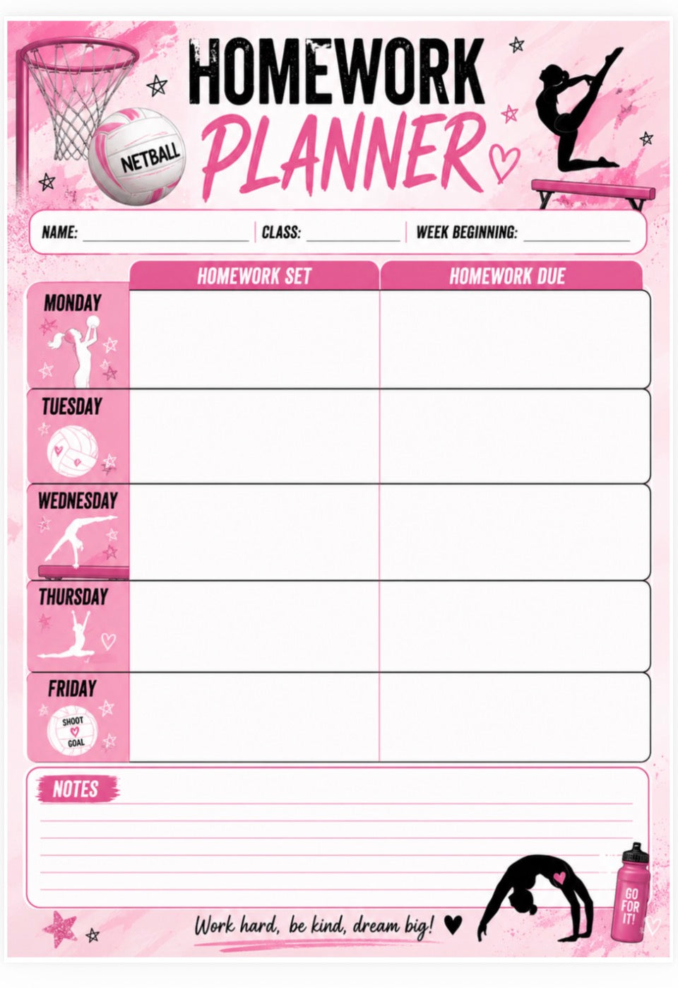 A pink and white 'Homework Planner' template with columns for Monday through Friday, labeled 'Homework Set' and 'Homework Due', plus spaces for name, class, and week beginning. Decorative gymnastics and basketball graphics appear around the border.