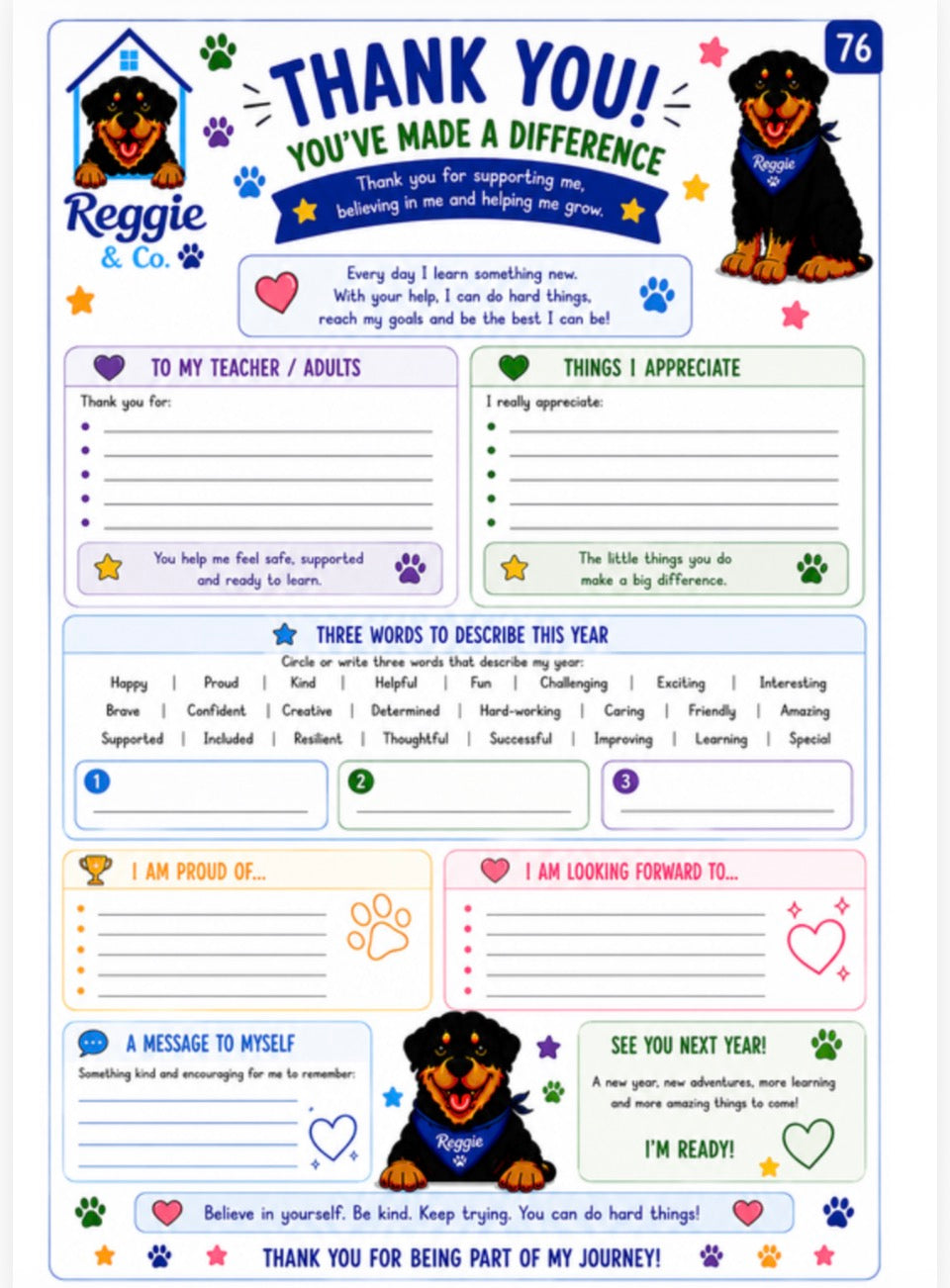 A thank you page featuring a black and tan Dachshund illustration and the text 'Thank You! You've Made a Difference' along with sections for writing reflections, listing things appreciated, and tracking achievements.