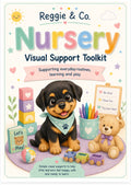 Front cover of the 'Nursery Visual Support Toolkit' by Reggie & Co., featuring a cute cartoon puppy, teddy bear, toys, and playful text on a soft pastel background.