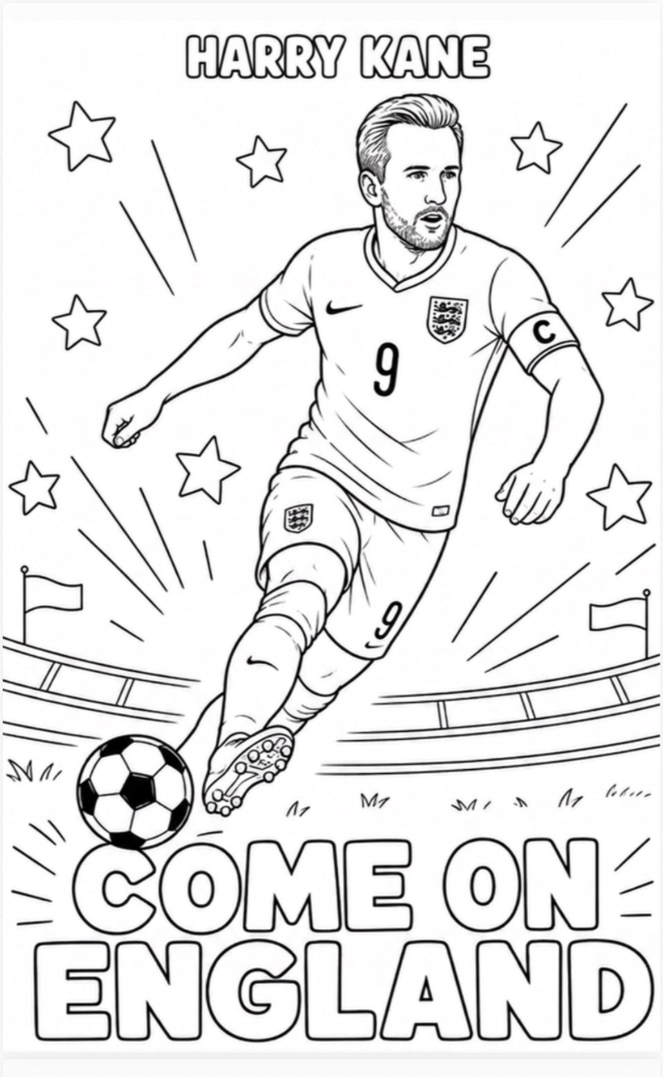 Coloring page of a soccer player with 'Harry Kane' and 'Come on England' text.