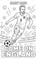 Coloring page of a soccer player with 'Harry Kane' and 'Come on England' text.