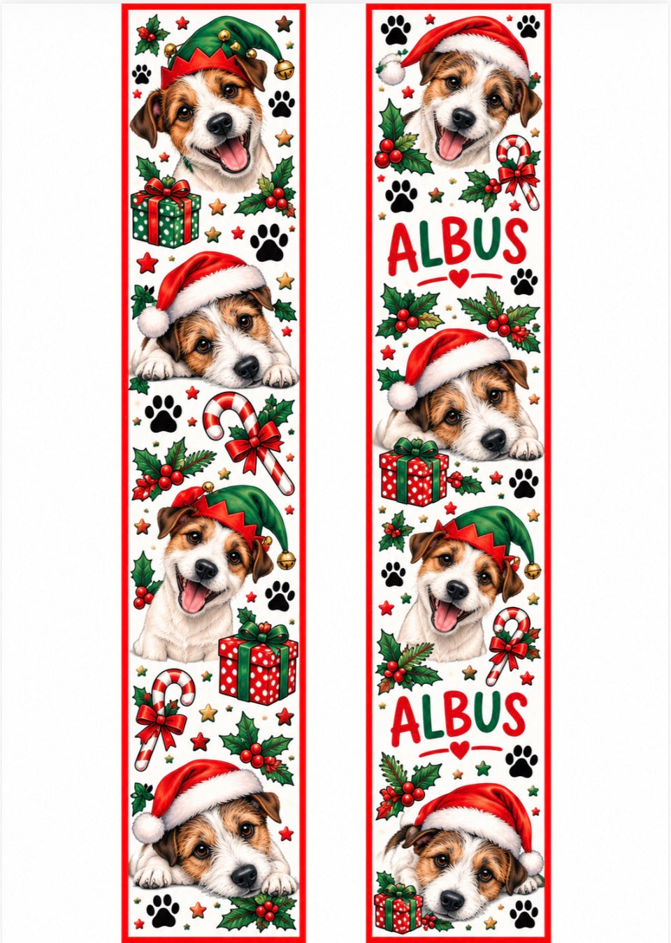 Two narrow white fabric-like strips with a Christmas dog print, featuring a Jack Russell Terrier face in Santa hats, holly, candy canes, gifts, paw prints, and the word 'ALBUS' in red, green, and black.
