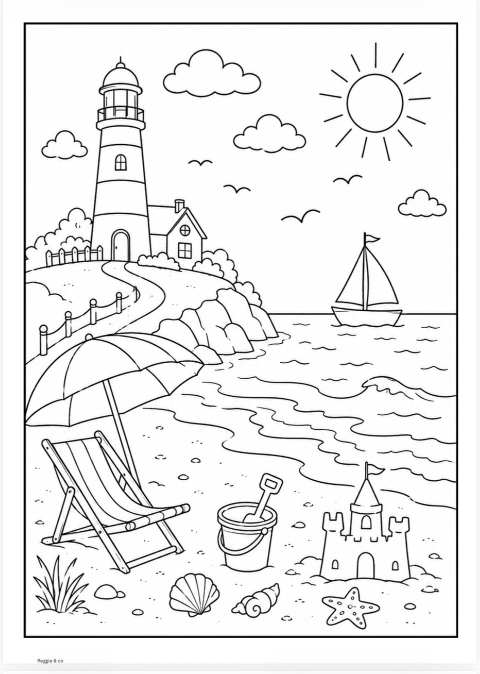 Seaside scene with lighthouse, sailboat, umbrella, deck chair, sandcastle, and shells on a coloring page.