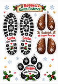A Christmas-themed sticker sheet featuring boot prints with Santa's shoes, a pair of brown reindeer feet with snowflakes, a black paw print with a red paw pad, and decorative holiday graphics including holly, snowflakes, stars, and a sign reading 'Reggie's Santa Evidence'.