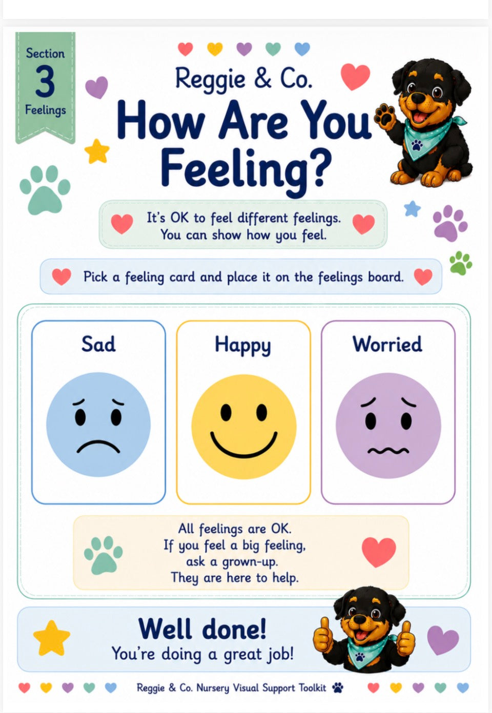 Reggie & Co. 'How Are You Feeling?' visual support booklet page, showing emotion cards for Sad, Happy, and Worried with paw prints and a Rottweiler illustration.