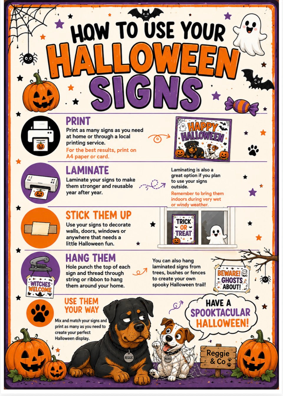 A Halloween-themed instructional poster titled 'HOW TO USE YOUR HALLOWEEN SIGNS' with illustrated pumpkins, ghosts, spiders, and cartoon dogs. The poster explains how to print, laminate, stick up, hang, and use Halloween signs, with small icons and text on a cream background with black stars.
