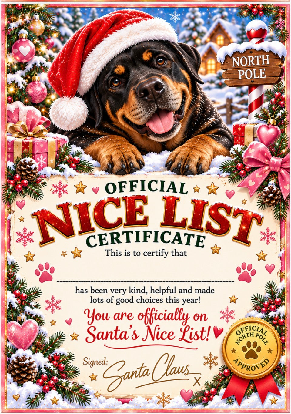 A festive Christmas-themed 'Official Nice List Certificate' featuring a Rottweiler dog wearing a Santa hat, surrounded by snow, gifts, pinecones, and holiday decorations. The certificate includes text reading 'This is to certify that has been very kind, helpful and made lots of good choices this year! You are officially on Santa's Nice List!' with a 'North Pole' sign and an 'Officially Approved' seal.