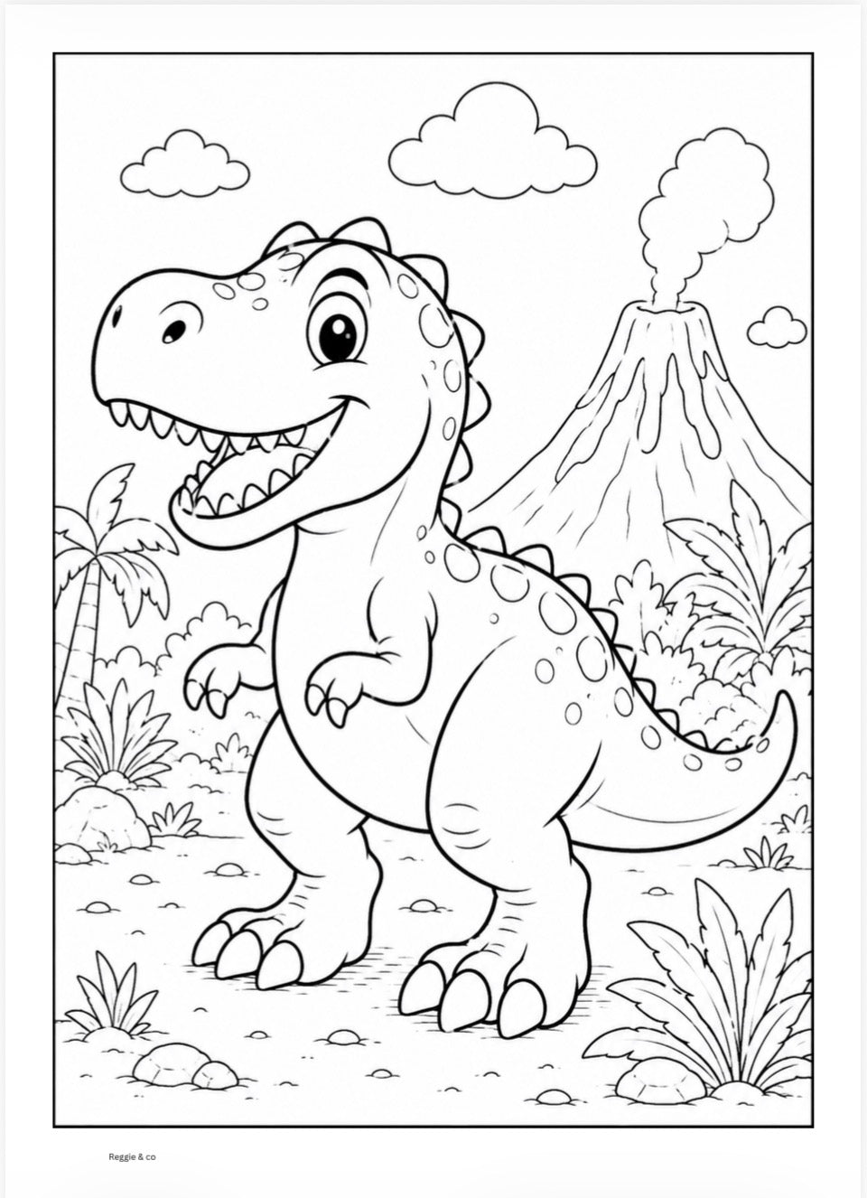 Coloring page with a dinosaur in a prehistoric landscape