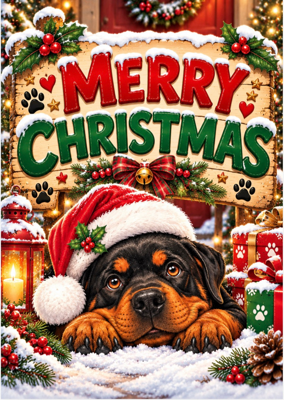 A festive Christmas sign reading “Merry Christmas” decorated with snow, greenery, red berries, paw prints, and a Rottweiler puppy wearing a Santa hat, with wrapped gifts and warm holiday lights in the background.