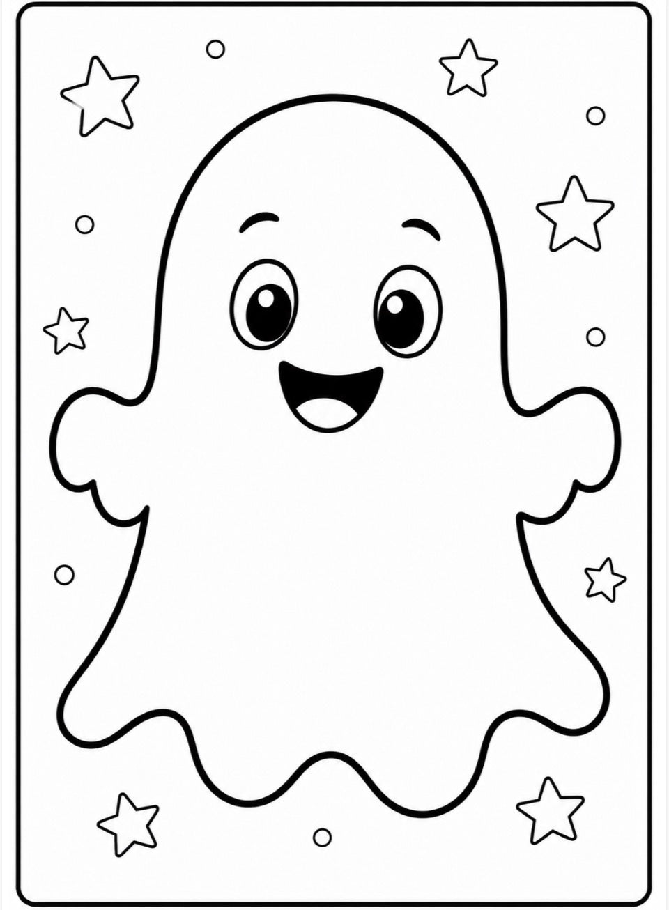 Black and white cartoon ghost coloring page with a smiling face and stars around it.
