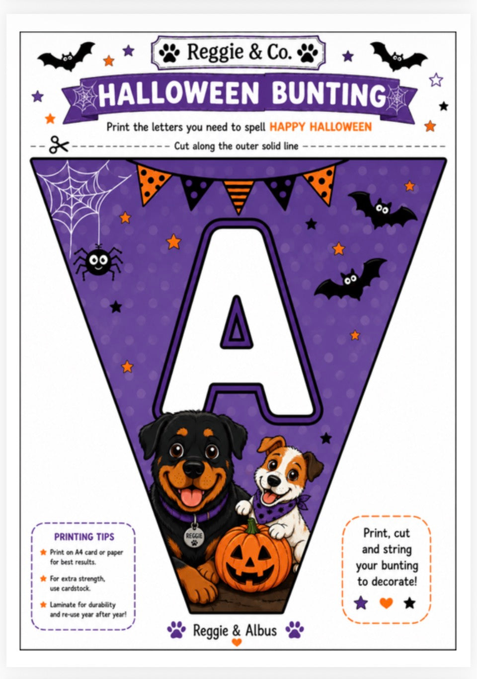 Halloween bunting letter A printable template by Reggie & Co, featuring a purple triangular banner with a large white letter A, decorated with bats, spiderwebs, orange stars, bunting flags, a pumpkin, and cartoon dogs.