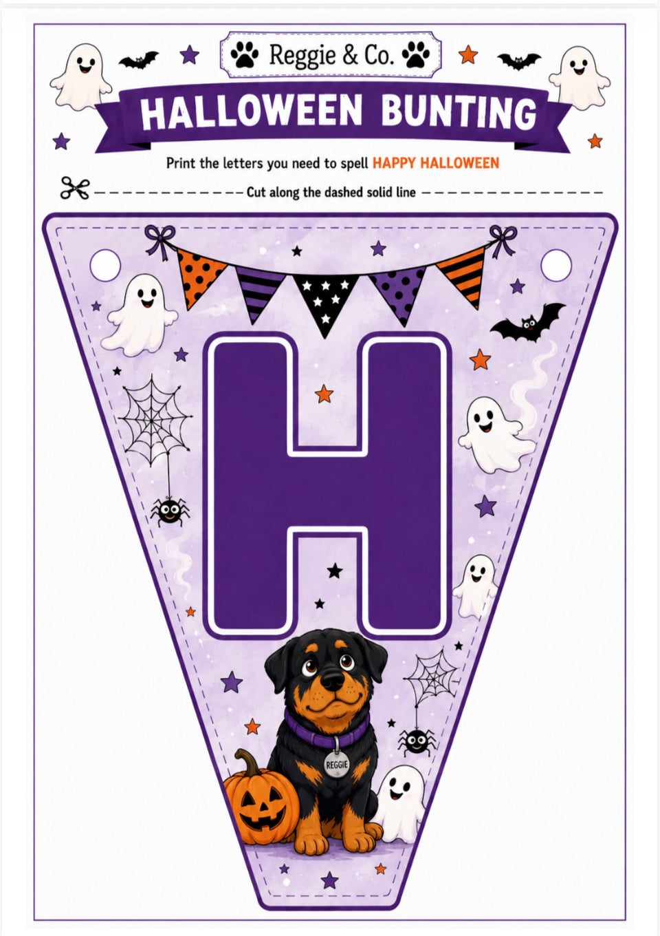 A Halloween-themed letter H bunting banner template from Reggie & Co. The purple triangular pennant features a large letter H, decorated with ghosts, spiders, a pumpkin, and a Rottweiler dog, with instructions printed at the top.