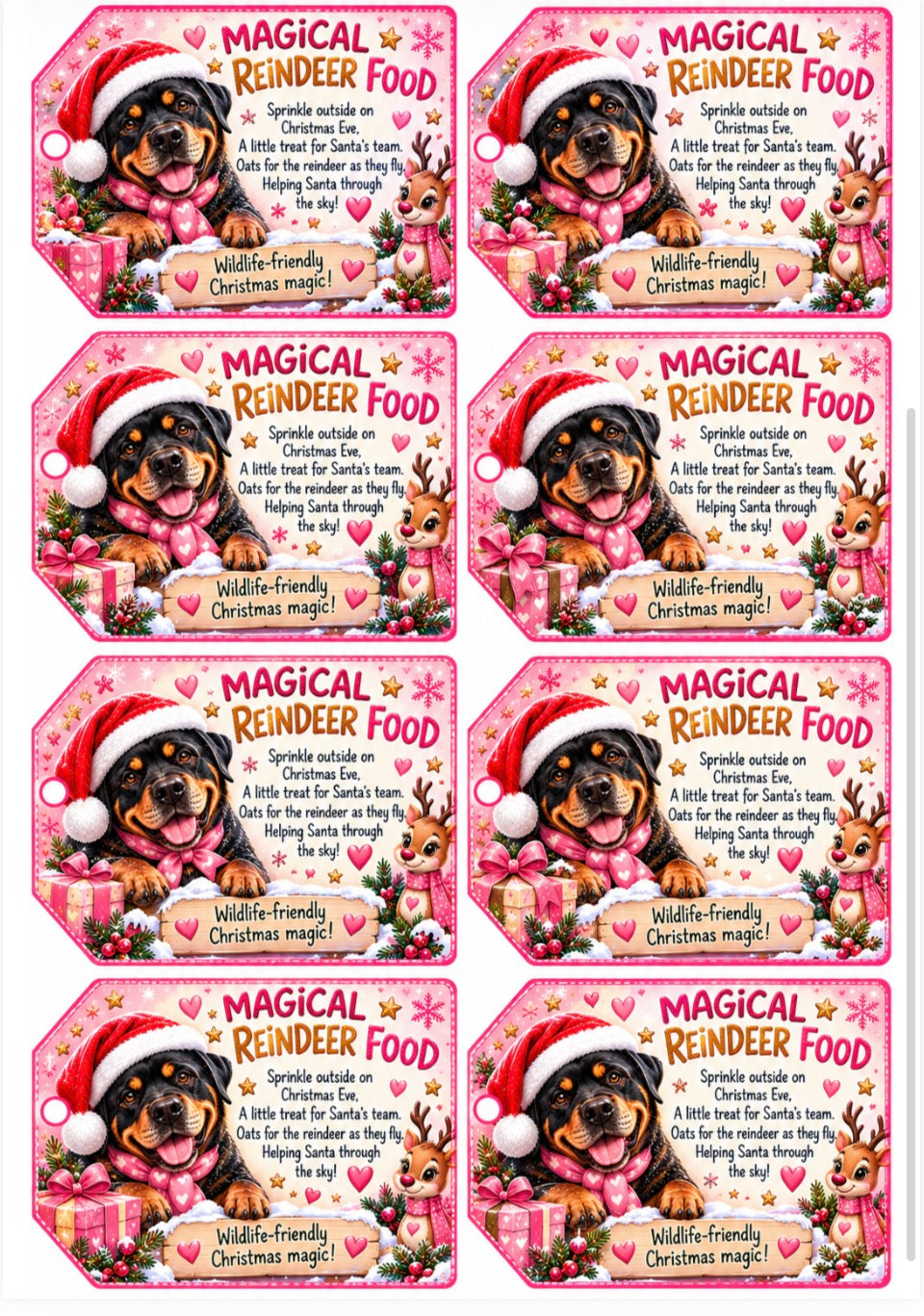 Eight identical festive labels or stickers arranged in a grid on a white background. Each label has a pink border, the text 'MAGICAL REINDEER FOOD' at the top, an illustration of a dog in a Santa hat, and a smaller inset photo of a real dog wearing a Santa hat.