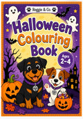 Front cover of the 'Halloween Colouring Book' by Reggie & Co, featuring a purple background with a large yellow moon, cartoon ghosts, bats, a haunted house, pumpkins, and two cute dogs dressed in Halloween costumes.