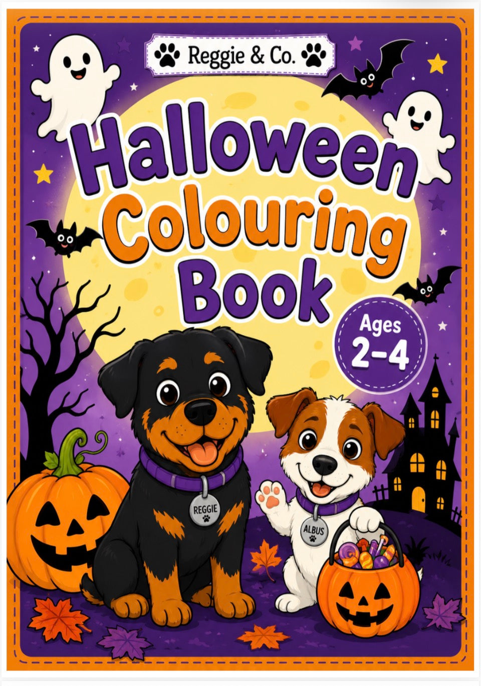 Front cover of the 'Halloween Colouring Book' by Reggie & Co, featuring a purple background with a large yellow moon, cartoon ghosts, bats, a haunted house, pumpkins, and two cute dogs dressed in Halloween costumes.