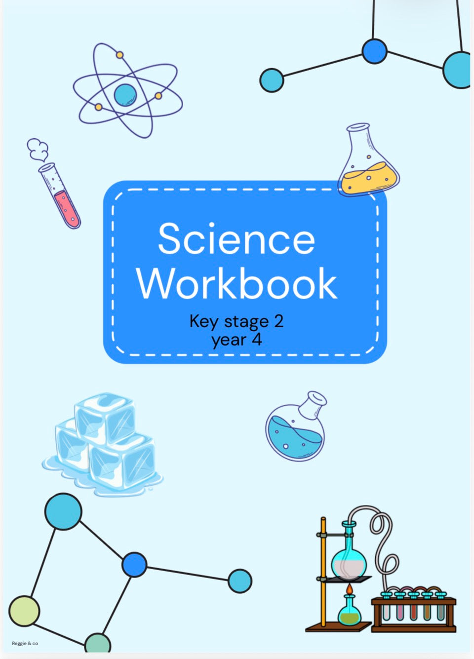 Science workbook cover with educational illustrations on a light blue background