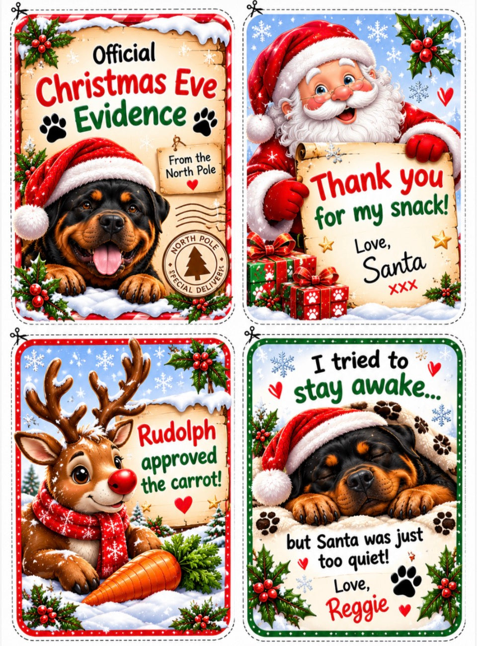 Four Christmas-themed square cards with white borders, featuring Santa, a Rottweiler dog, a reindeer, and holiday text such as 'Official Christmas Eve Evidence,' 'Thank you for my snack!', and 'I tried to stay awake.
