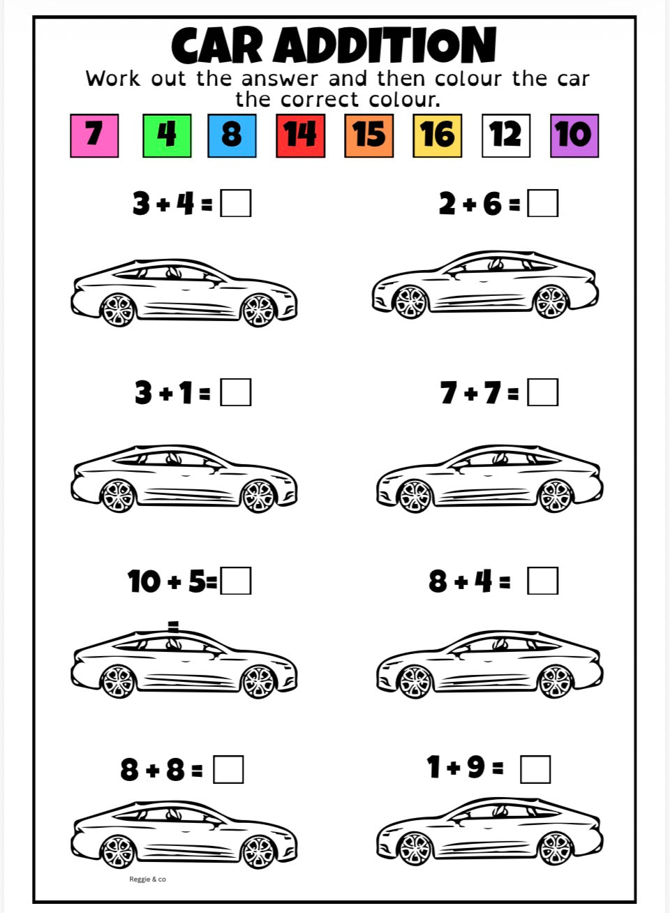 Math worksheet with car illustrations and addition problems
