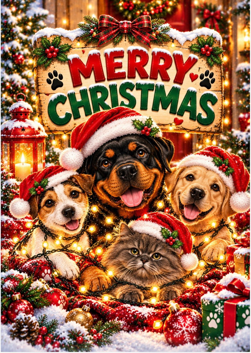 A festive Christmas scene with three dogs and a cat wearing Santa hats, surrounded by holiday decorations, ornaments, lanterns, and a large sign reading “MERRY CHRISTMAS.”.