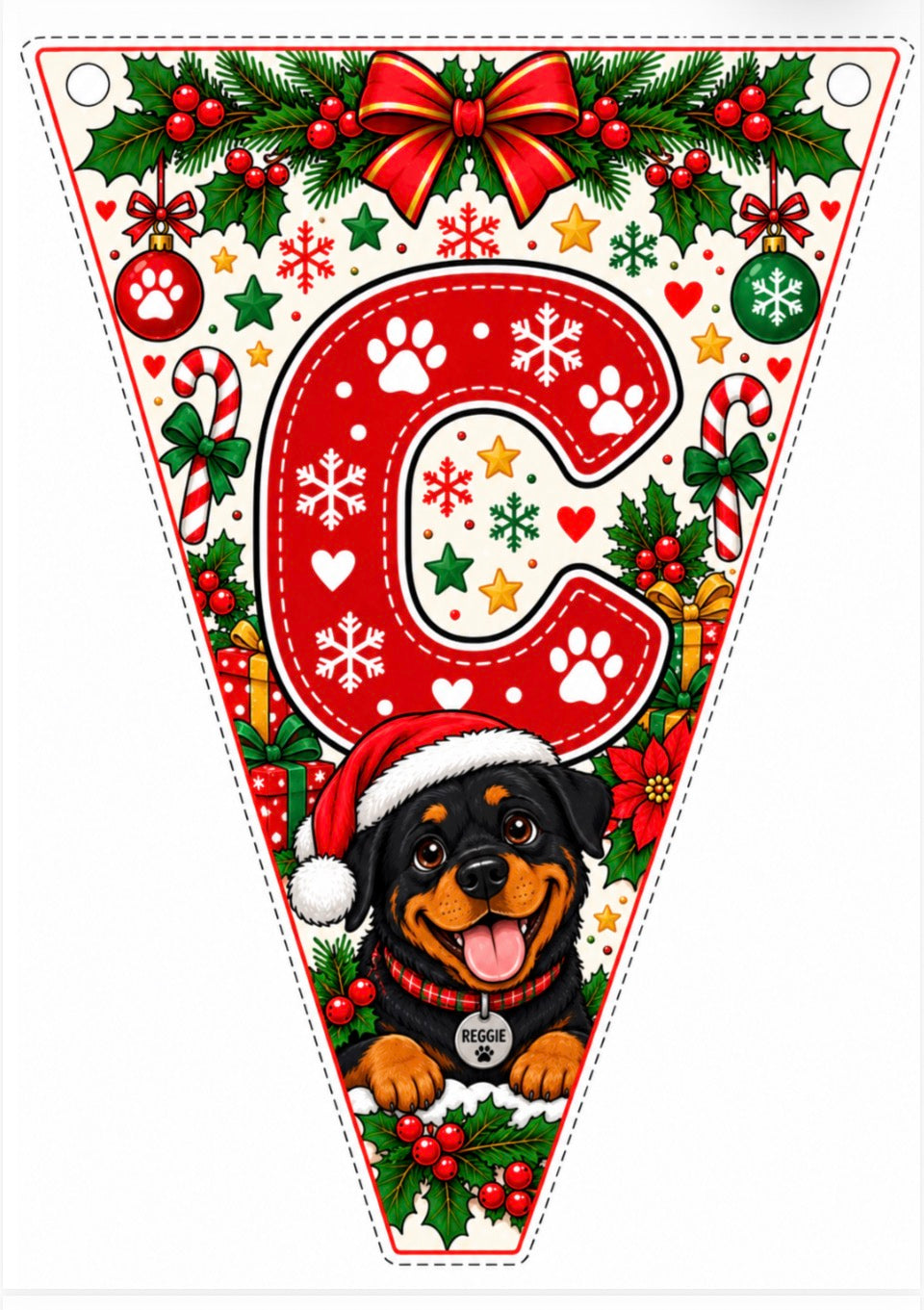 A triangular Christmas banner flag featuring a large red letter C with paw prints, surrounded by holiday motifs like candy canes, ornaments, holly, and a Rottweiler dog wearing a Santa hat. The top of the banner has a red bow and pine garland.