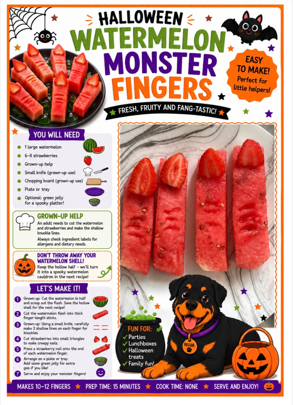 A colorful Halloween-themed recipe card for 'Watermelon Monster Fingers' showing sliced red watermelons shaped like fingers, along with ingredients, step-by-step instructions, a cartoon dog, and Halloween decorations.