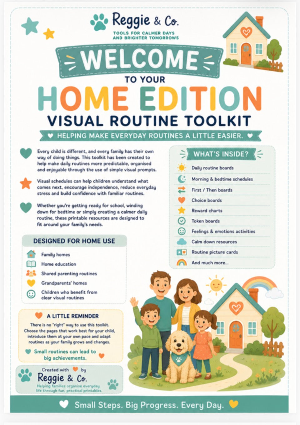 A colorful welcome poster for the 'Home Edition Visual Routine Toolkit' by Reggie & Co., featuring cartoon illustrations of a family, a house, and stars on a white background with teal accents.