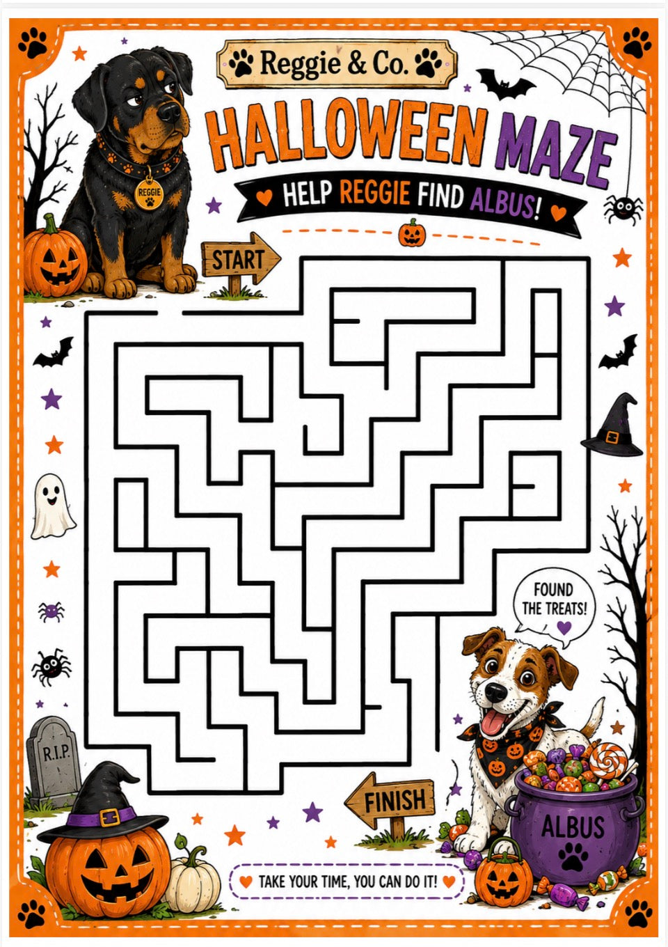 A Halloween-themed printable maze card titled 'Halloween Maze Help Reggie Find Albus' by Reggie & Co. The page features a black and white dog maze surrounded by festive illustrations including pumpkins, ghosts, a witch hat, spiders, bats, and a purple albus bucket.
