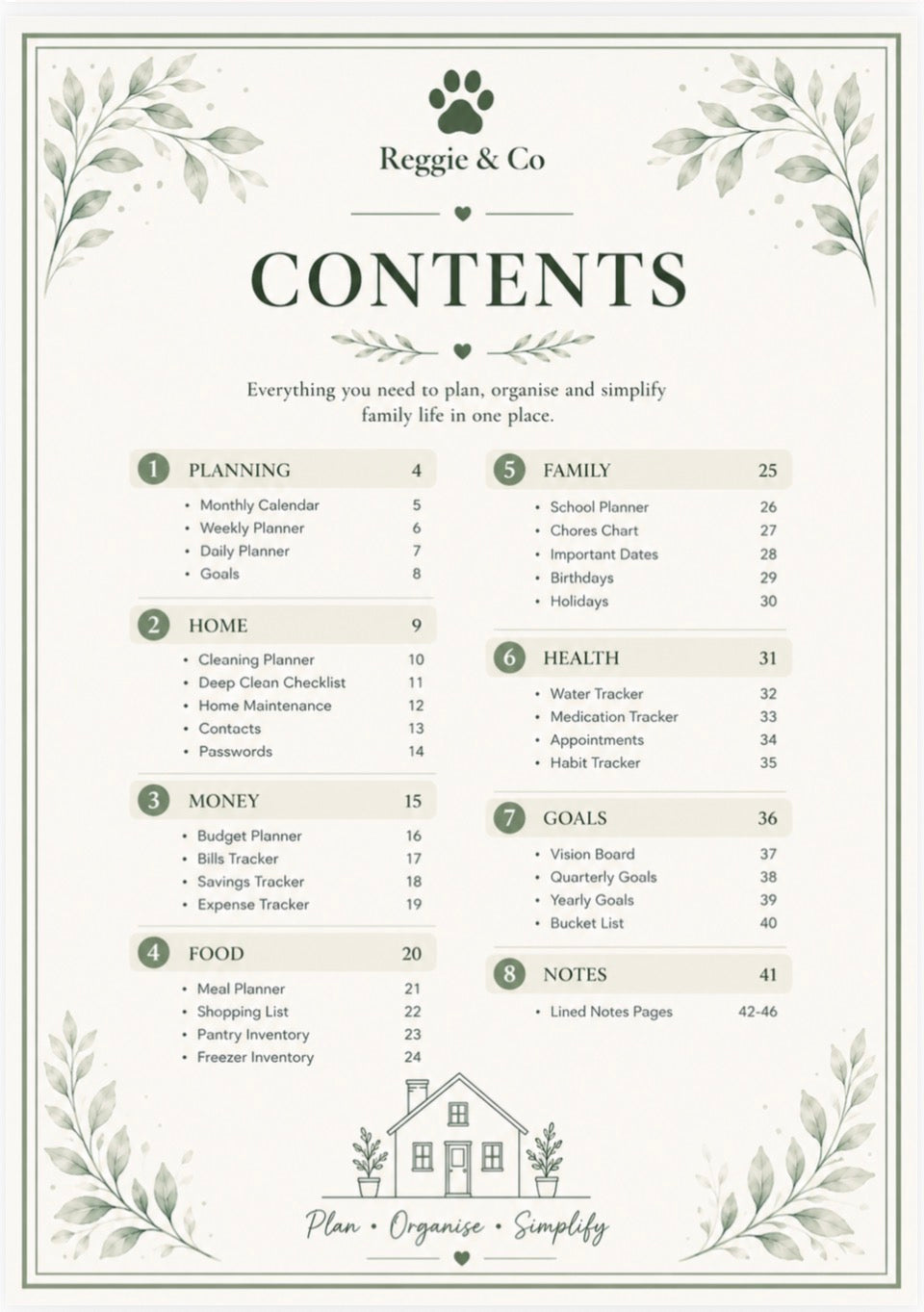 A contents page from a planner or organizer by Reggie & Co, featuring a decorative botanical border and the title 'CONTENTS' in large serif text. The page lists chapter and section headings such as Planning, Home, Money, Food, Family, Health, Goals, and Notes with page numbers.
