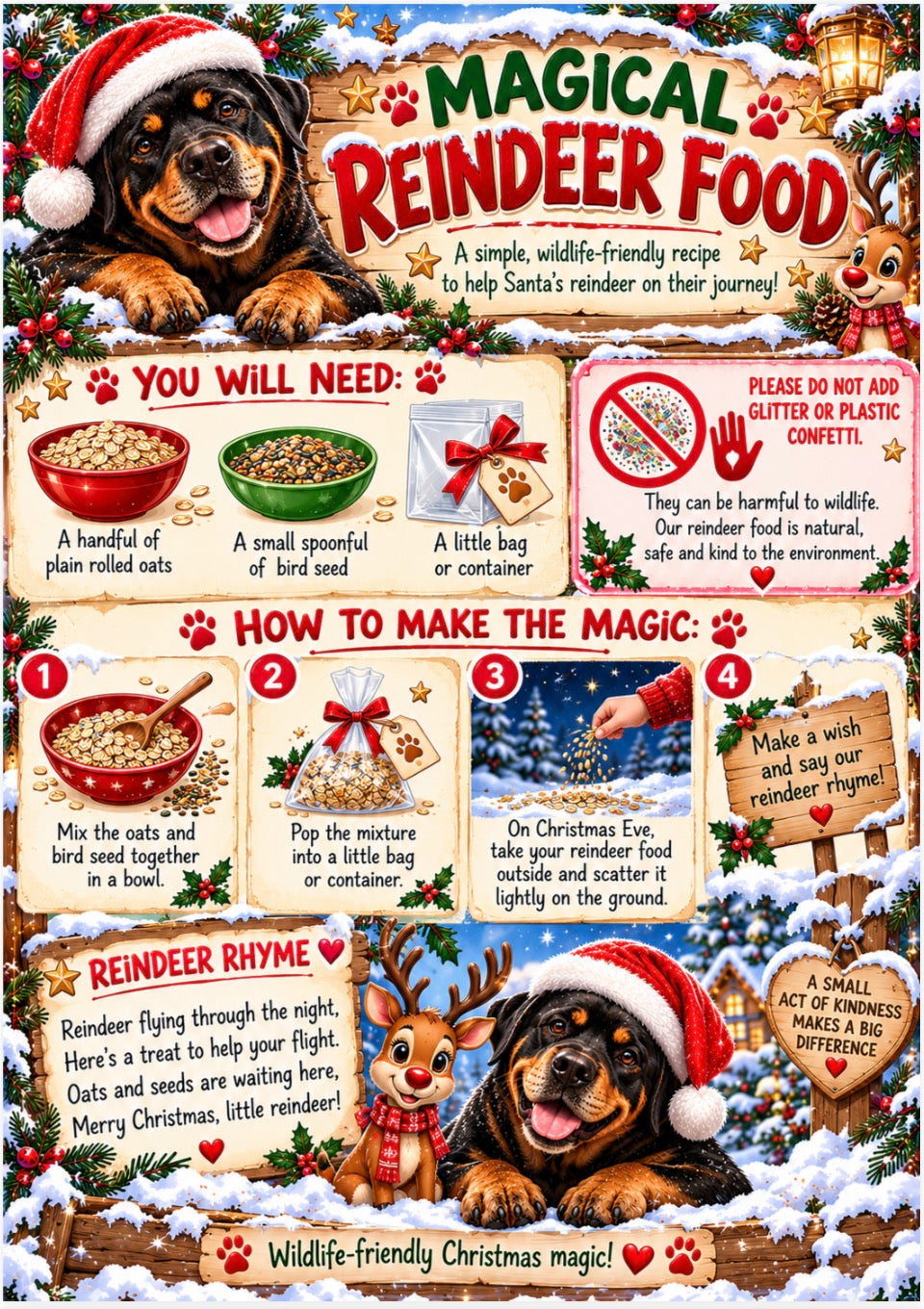 A colorful illustrated poster-style recipe card for 'Magical Reindeer Food' featuring a large dog in a Santa hat, reindeer, snow, paw prints, and step-by-step instructions on how to make the magical treat.