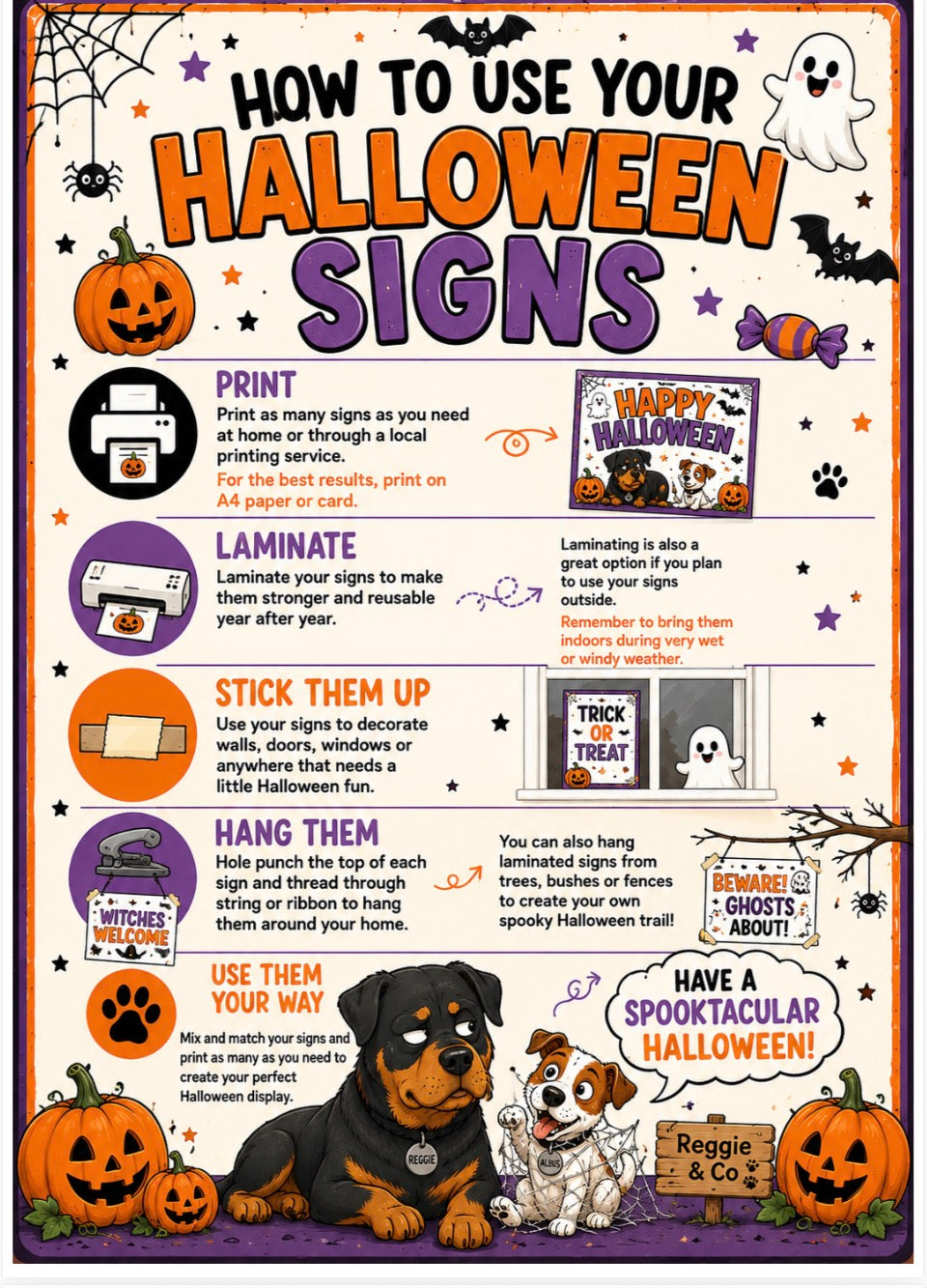 A Halloween-themed informational poster titled 'HOW TO USE YOUR HALLOWEEN SIGNS' with illustrated pumpkins, ghosts, bats, and a dog, plus text explaining how to print, laminate, hang, and use sign templates for Halloween decor.