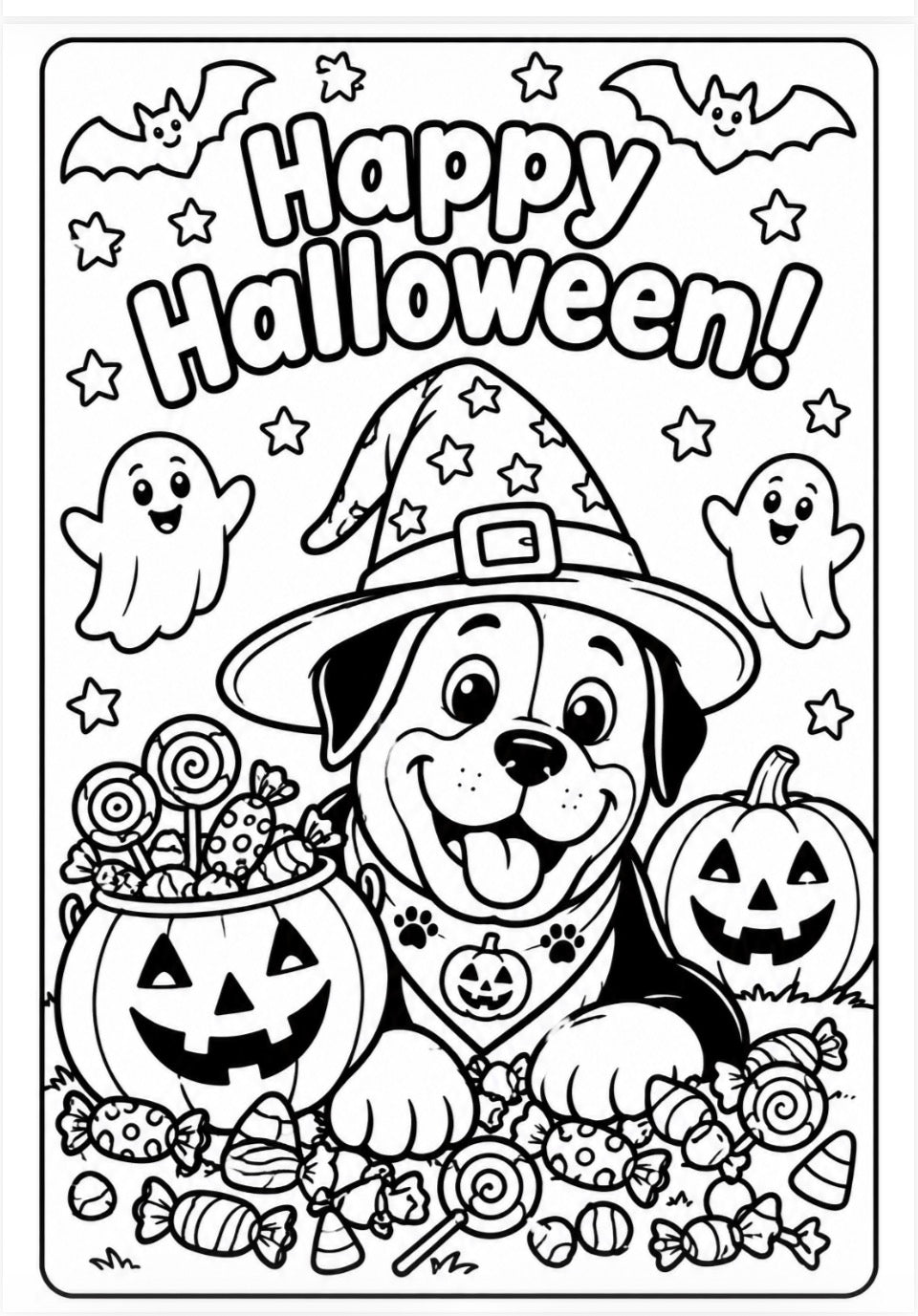 Black and white Halloween coloring page featuring a smiling dog dressed as a witch surrounded by jack-o'-lanterns, candy, ghosts, bats, and stars, with the text 'Happy Halloween!' at the top.