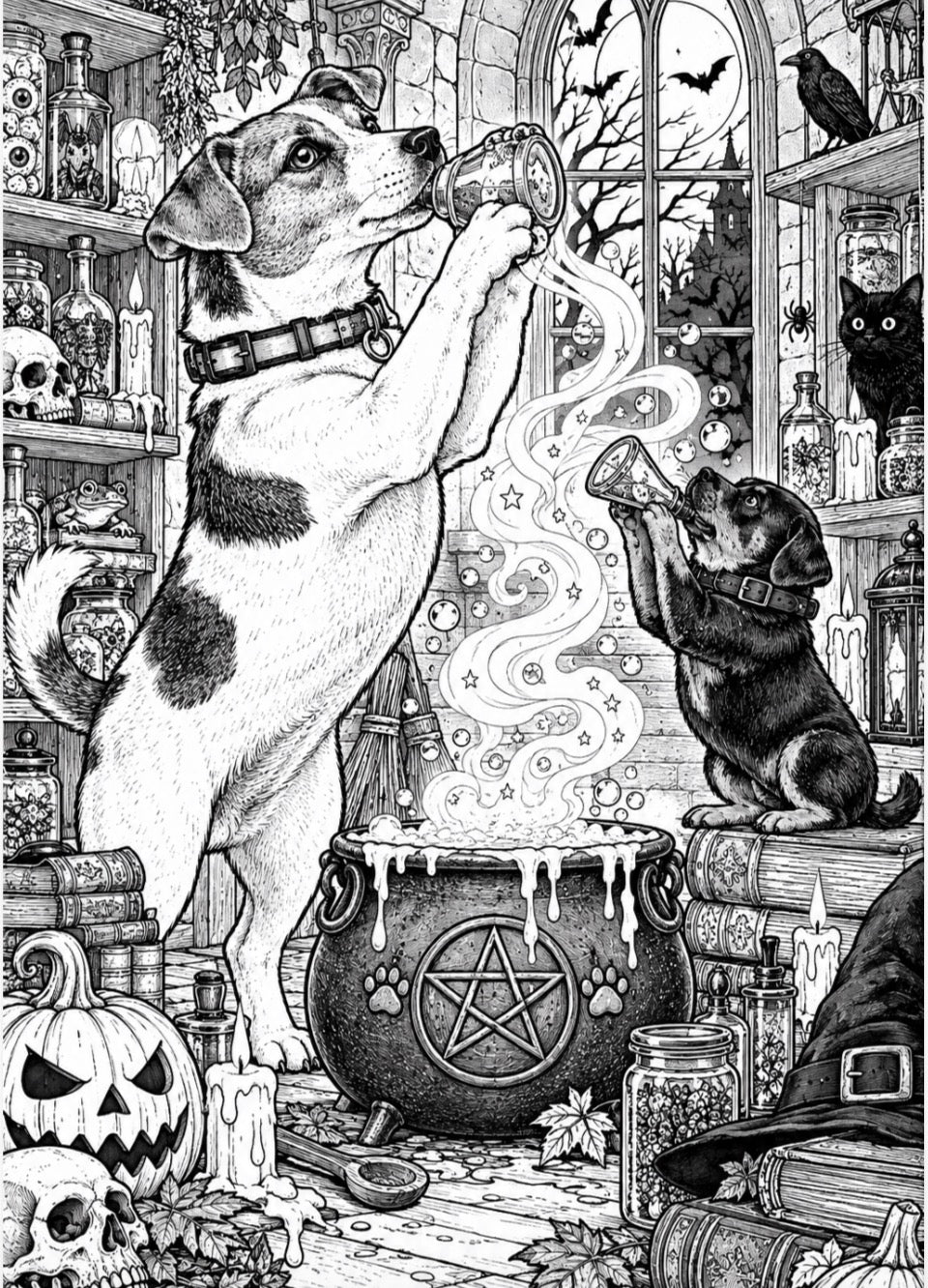 Black and white Halloween coloring page featuring two dogs in a spooky witch's room with a cauldron, potion, pumpkins, candles, and shelves of jars and books.