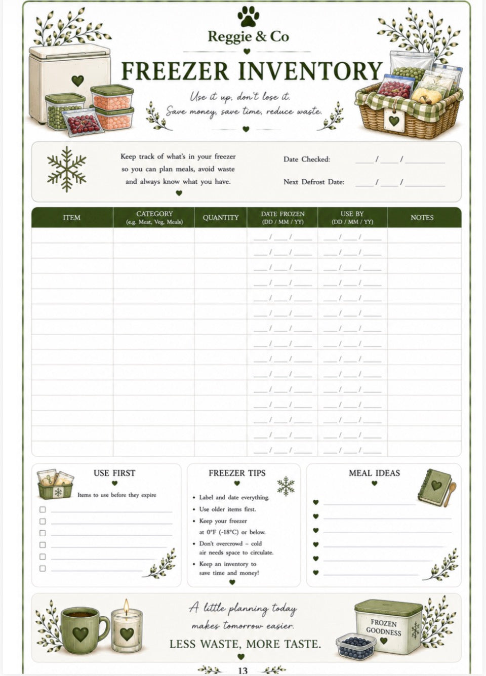 A printable freezer inventory planner sheet from Reggie & Co, featuring illustrated freezer bins, baskets of produce, and a structured table with columns for item, category, quantity, date checked, expiration date, and notes.