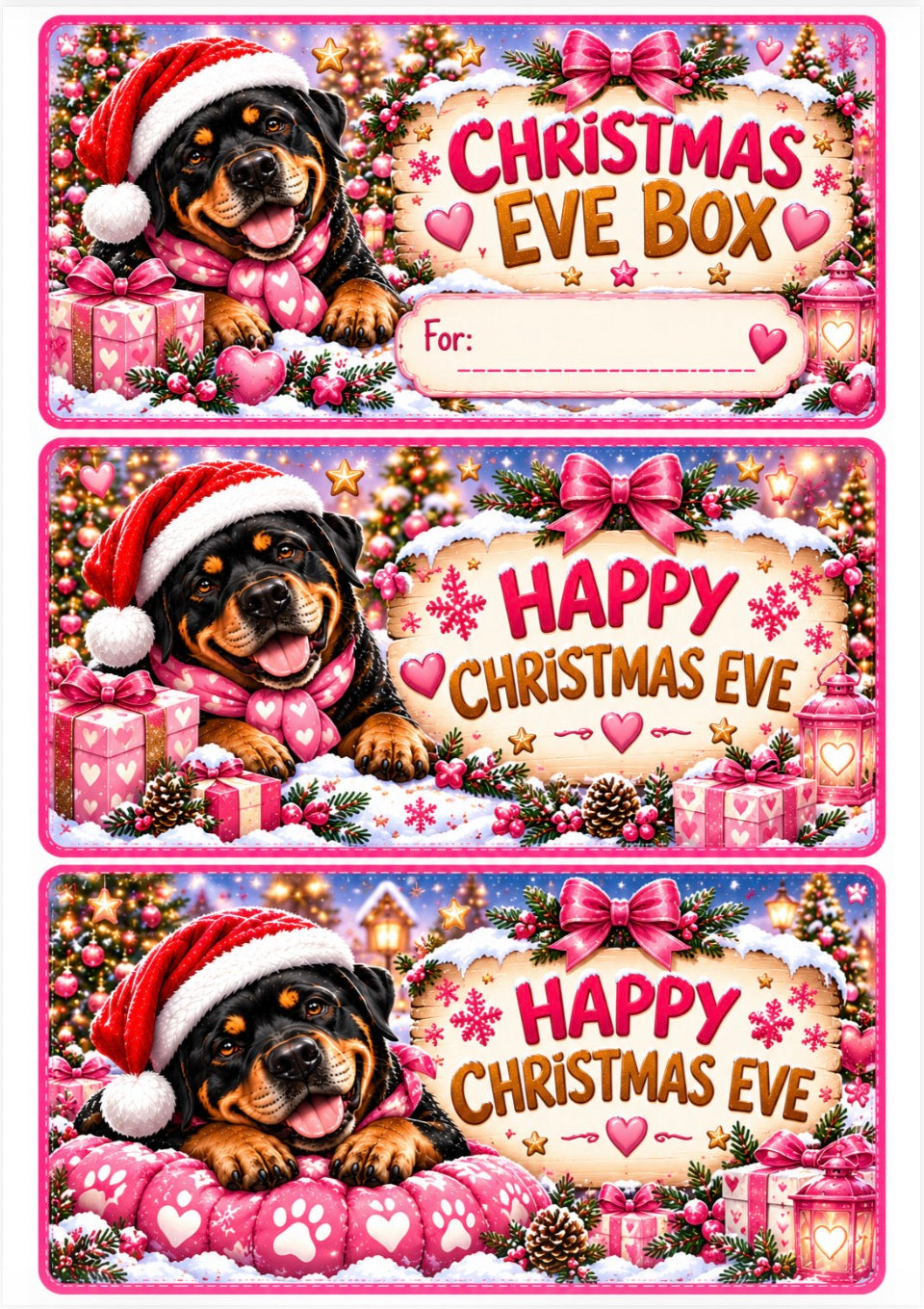 Three Christmas Eve gift box labels or envelopes featuring a Rottweiler dog in a Santa hat and scarf, surrounded by presents, snow, and festive decorations, with text reading 'Christmas Eve Box' and 'Happy Christmas Eve'.