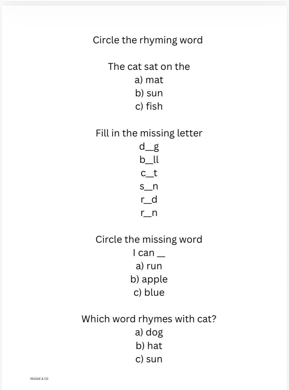 Educational worksheet with multiple-choice questions on rhyming words and missing letters.