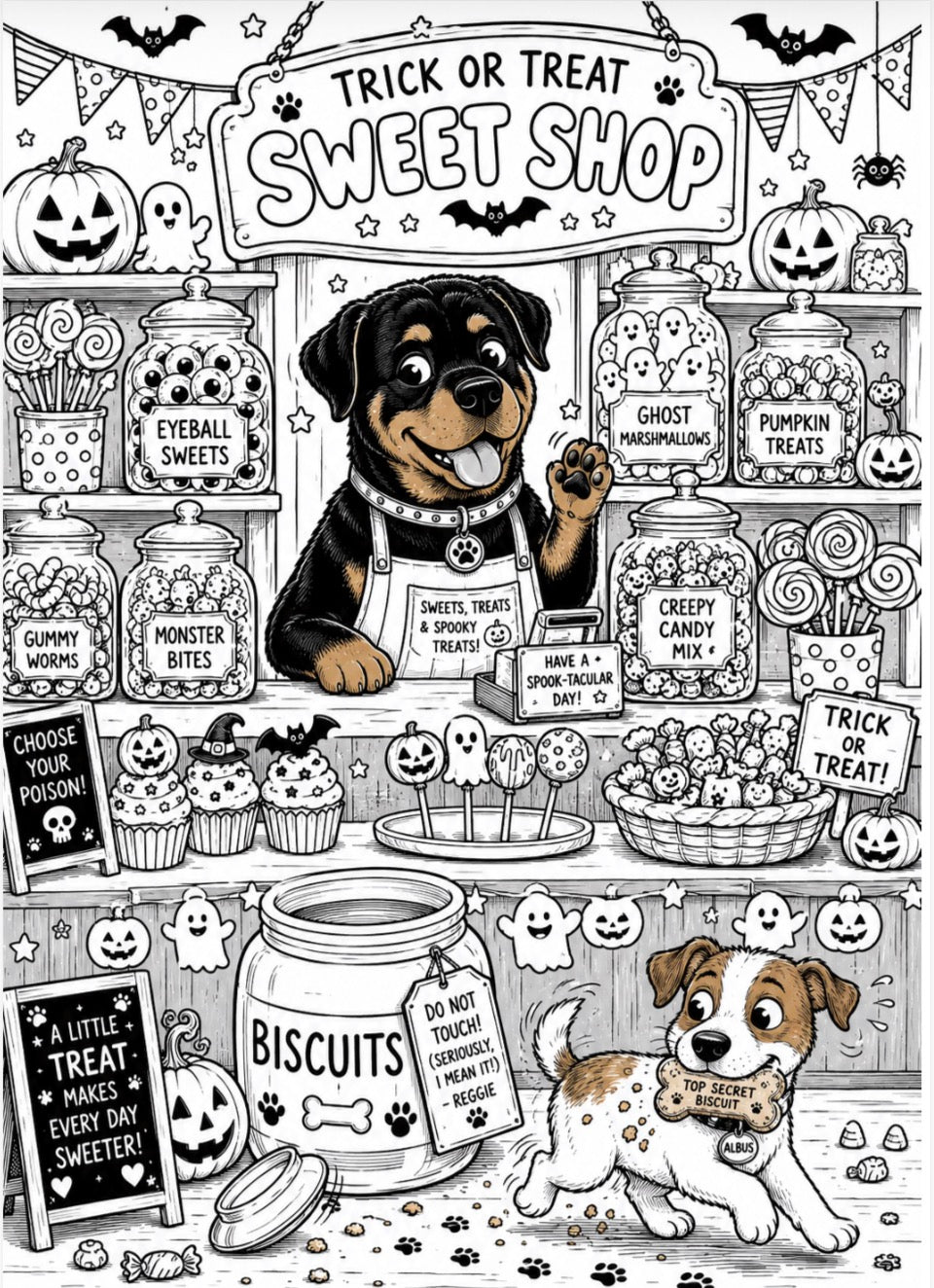 Black and white Halloween coloring page featuring a dog sitting behind a candy shop counter with another dog running in the foreground, surrounded by spooky treats, pumpkins, bats, and signs reading 'Trick or Treat Sweet Shop'.