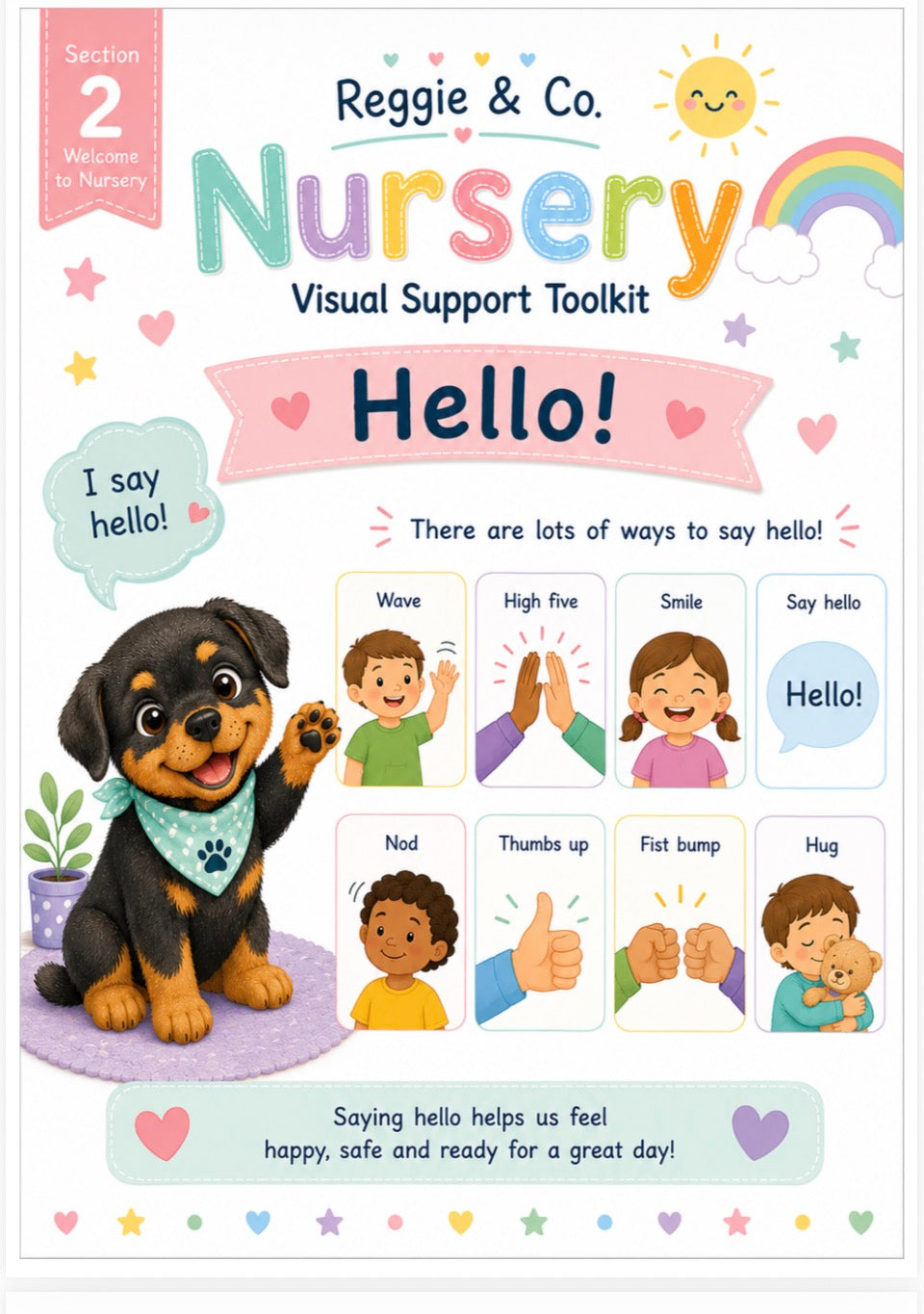 Front cover of the 'Nursery Visual Support Toolkit' by Reggie & Co., featuring a colorful, child-friendly design with a Rottweiler puppy, illustrations of children saying hello, and a rainbow.
