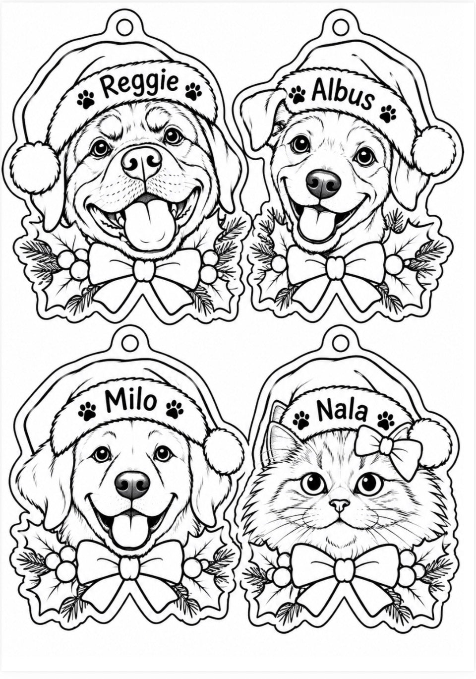 Black and white printable coloring page featuring four pet ornaments: two dogs labeled Reggie and Albus, one dog labeled Milo, and one cat labeled Nala, each wearing a Santa hat and bow design.