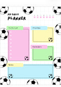 A soccer-themed daily planner template featuring black and white soccer balls on a white grid background, with pastel-colored labeled sections for To Do List, Priorities, Reminders, and Notes.
