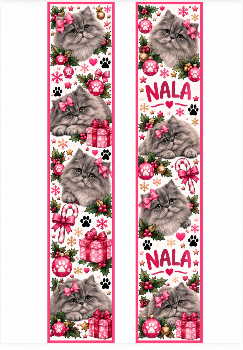 A festive Christmas-themed design featuring four gray long-haired cats wearing pink bows, surrounded by ornaments, paw prints, gift boxes, candy canes, and the name 'NALA' in pink text. The design is presented as two tall vertical panels with a bright pink border on a white background.