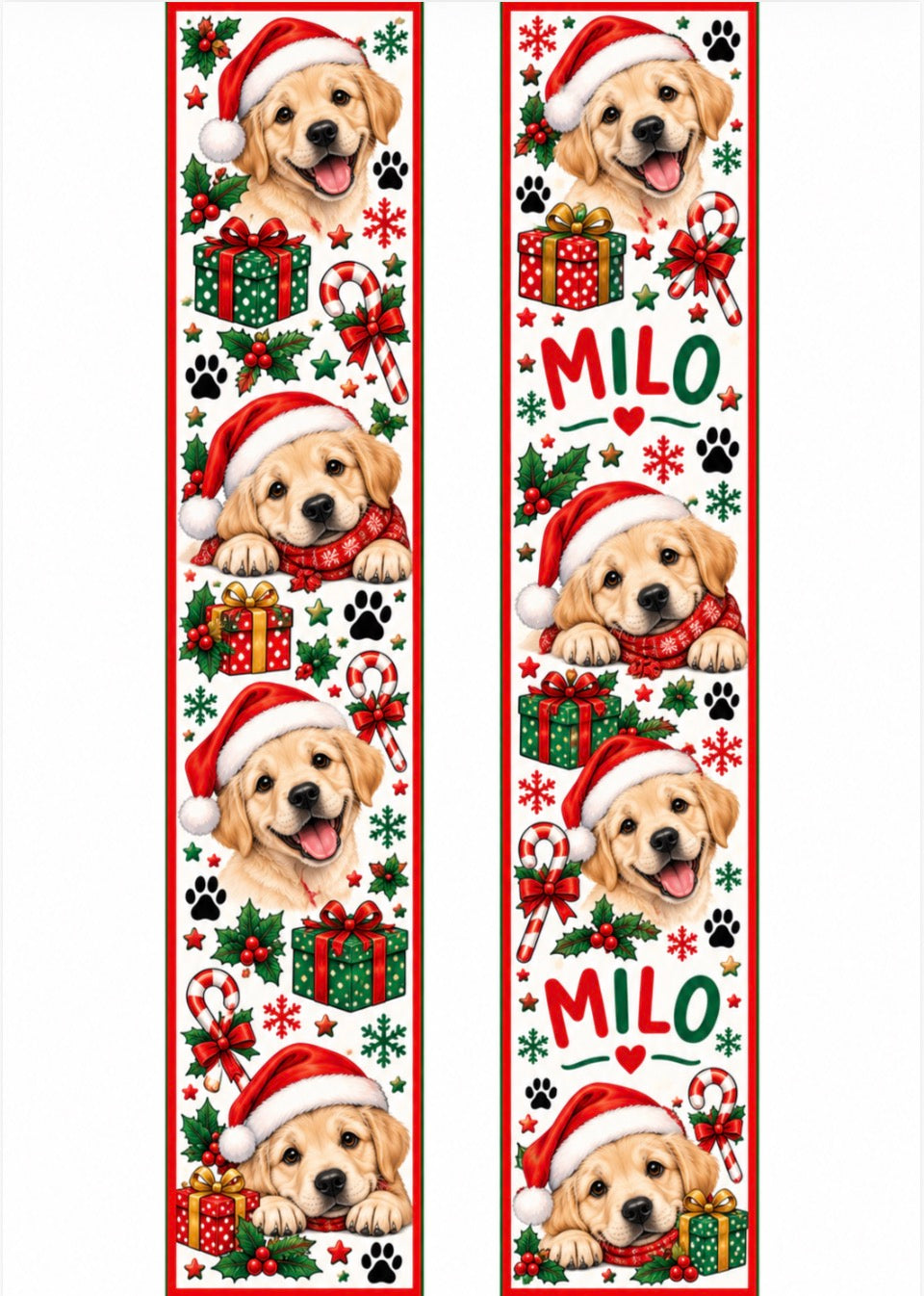 Two matching Christmas-themed runner banners featuring a golden retriever puppy wearing a Santa hat, surrounded by holiday motifs like candy canes, gift boxes, paw prints, holly, and snowflakes. The word 'MILO' is printed in green and red on one of the runners.