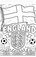 Coloring page with English flag, shield, and soccer balls on a white background