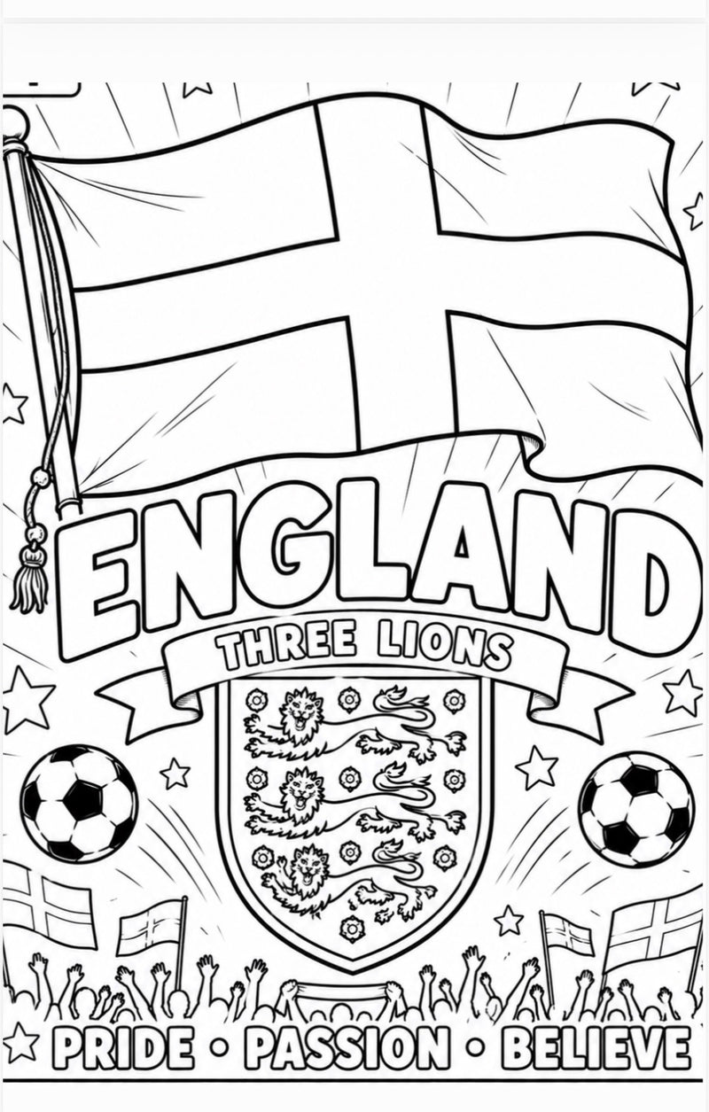 Coloring page with English flag, shield, and soccer balls on a white background