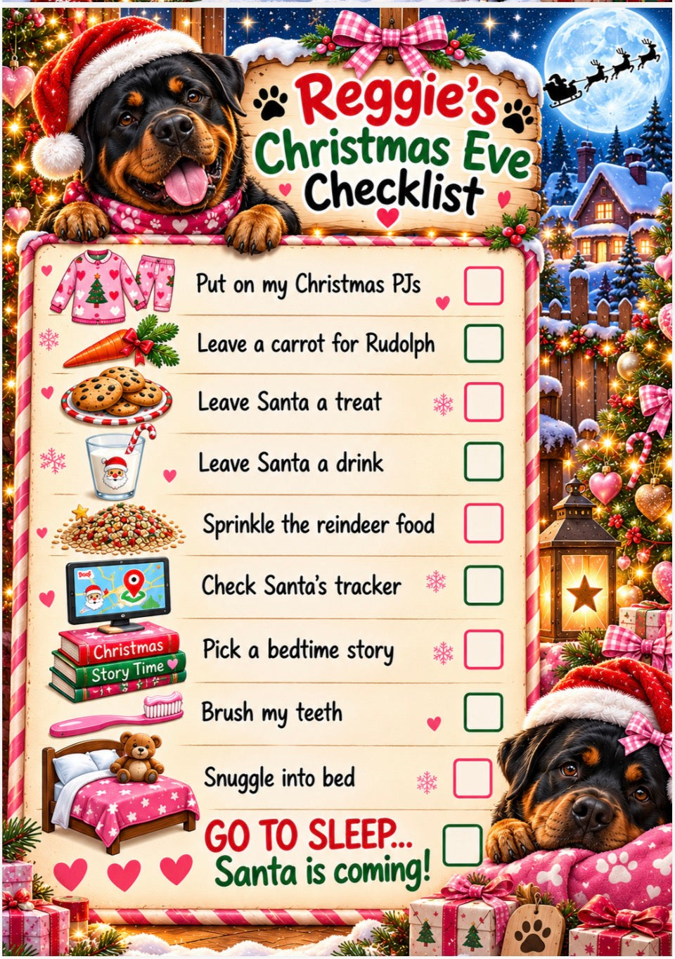 A festive Christmas Eve checklist poster for dogs titled 'Reggie's Christmas Eve Checklist' featuring a Rottweiler dog in a Santa hat at the top and bottom, with holiday illustrations and checklist items such as 'Put on my Christmas PJs' and 'Leave a carrot for Rudolph'.