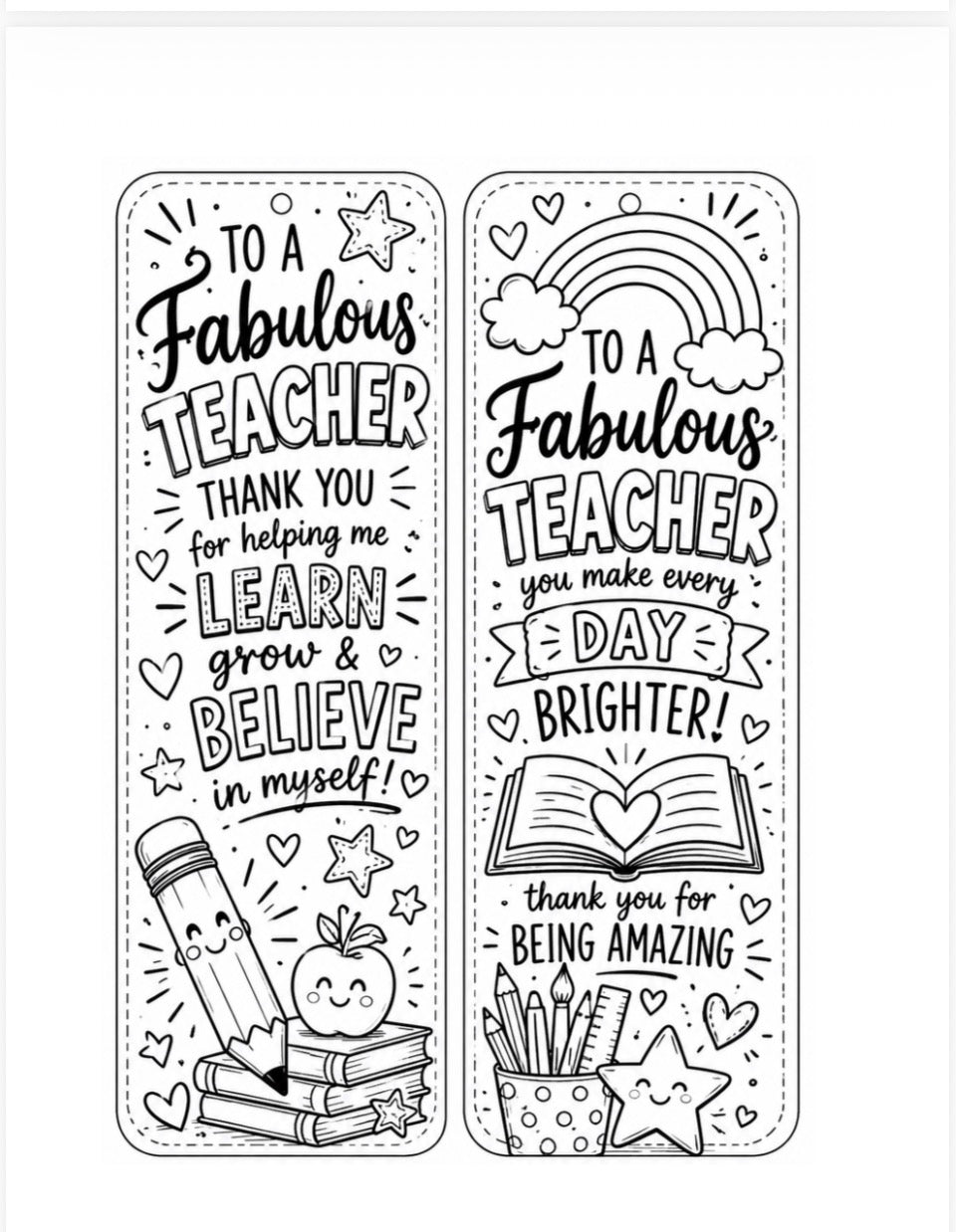Two black and white bookmarks with text and illustrations for a teacher on a white background.